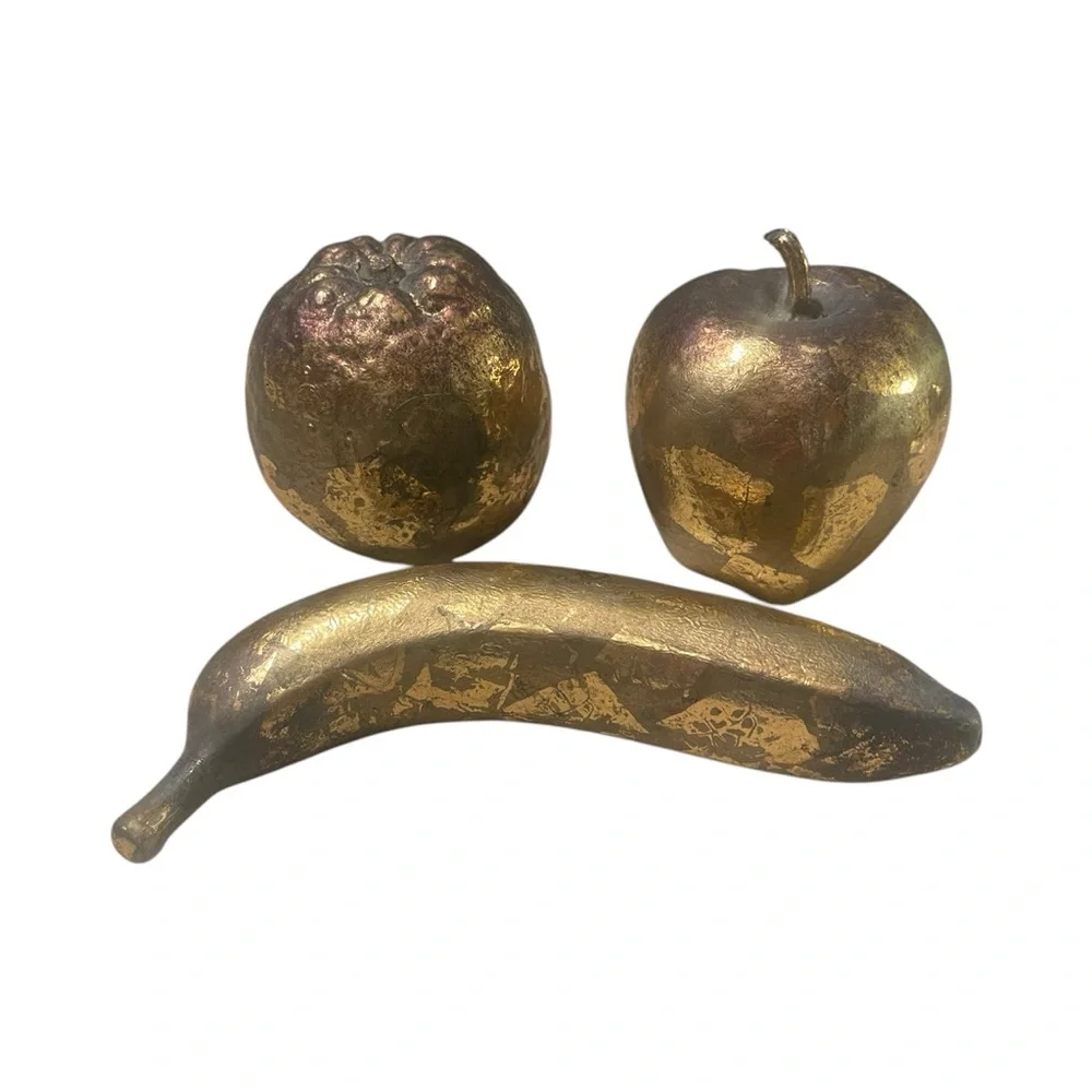 Vtg Gold Gilded Fruit Set Textured Apple Orange Banana Patina MCM Kitchen Decor - Picture 8 of 10
